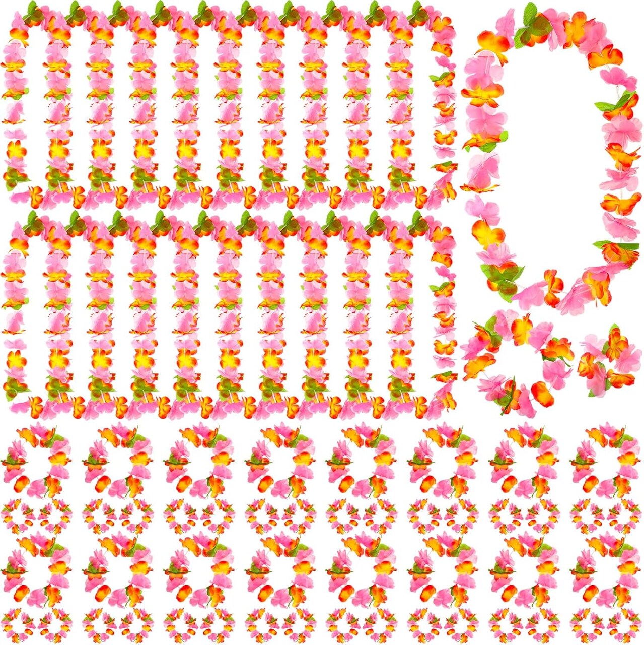 80 Pcs Hawaiian Leis for Luau Party Hawaiian Flower Lei Necklaces Bracelets Headbands Supplies Decorations(Orange and Pink)